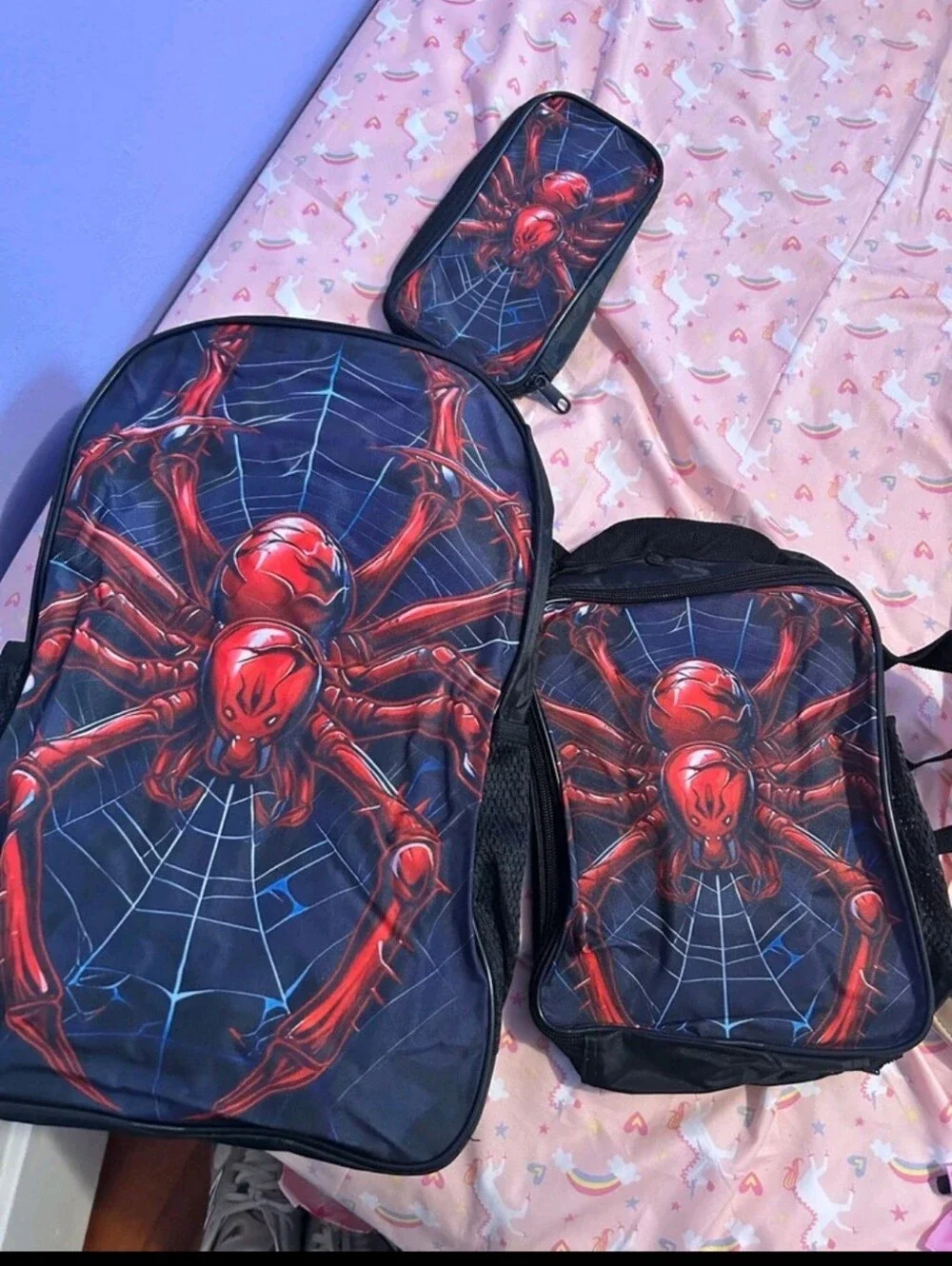 Kids 3-Piece Red Spider Backpack Set - School Bag, Lunch Bag & Pencil Case